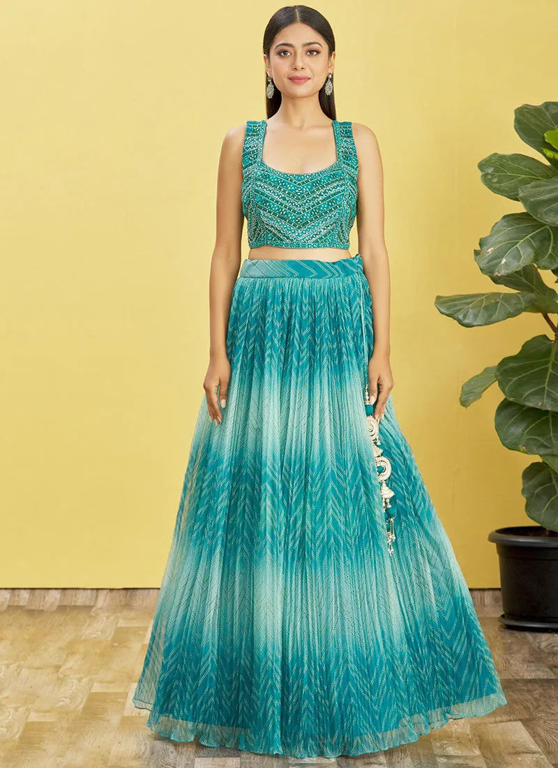 Turquoise Multi Embroidery Printed Lehenga Choli