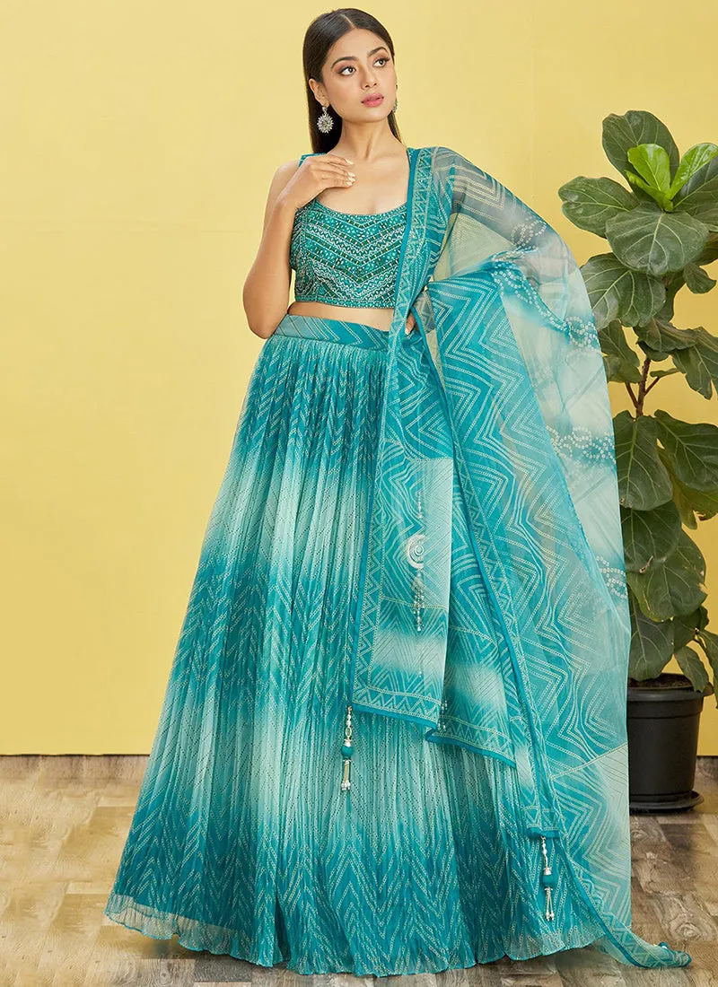 Turquoise Multi Embroidery Printed Lehenga Choli