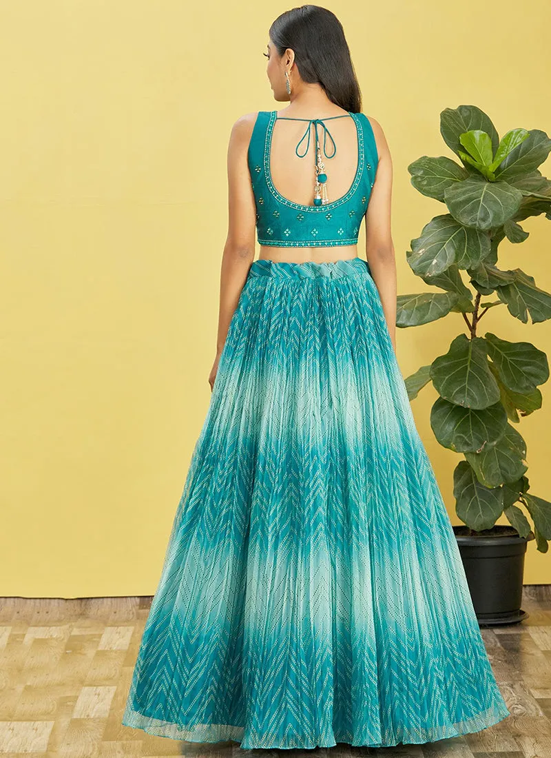 Turquoise Multi Embroidery Printed Lehenga Choli