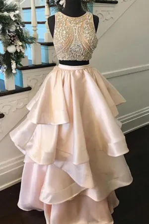 Two Piece A-line Jewel Floor Length Tiered Pearl Pink Prom Dress with Beading LPD028