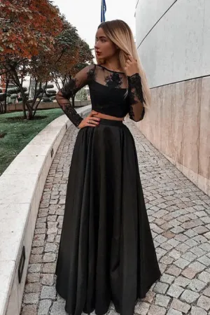 Two Piece Bateau Long Sleeves Floor-Length Black Prom Dress with Appliques L047