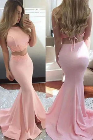 Two Piece Mermaid Jewel Sweep Train Pink Backless Prom Dress with Lace P100