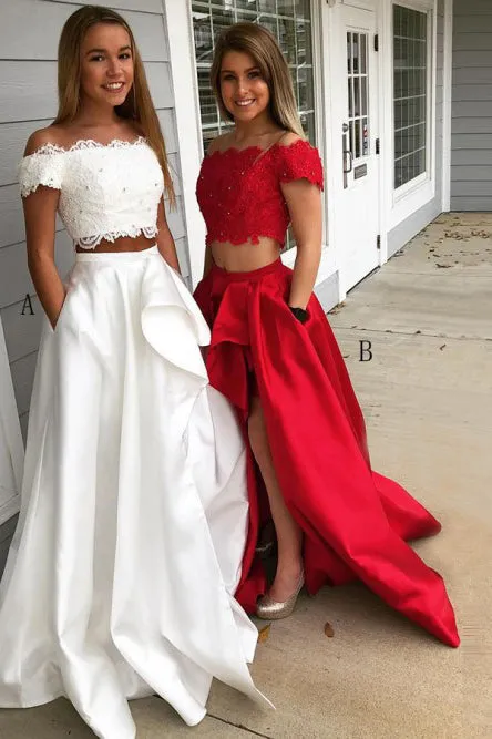 Two Piece Off-the-Shoulder Short Sleeves White Prom Dress with Lace Pockets OHC020