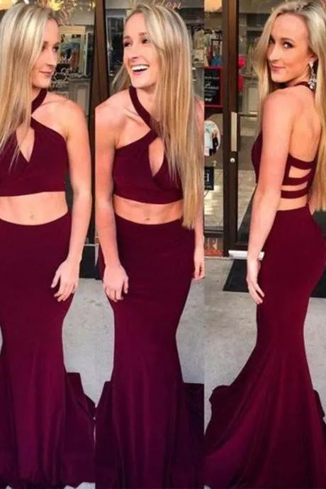 Two Piece Prom Dresses Trumpet Mermaid Sleeveless Burgundy Long Slit Cheap Prom Dress  OHC221