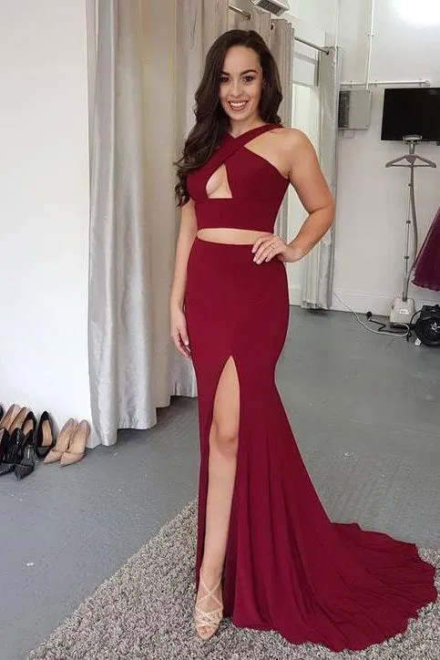 Two Piece Prom Dresses Trumpet Mermaid Sleeveless Burgundy Long Slit Cheap Prom Dress  OHC221