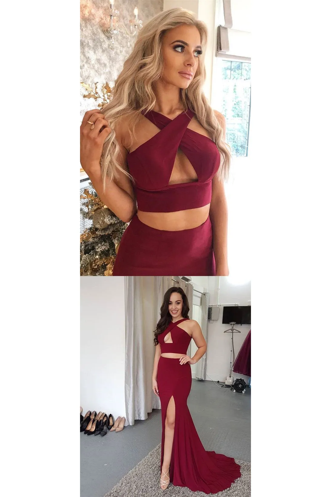 Two Piece Prom Dresses Trumpet Mermaid Sleeveless Burgundy Long Slit Cheap Prom Dress  OHC221