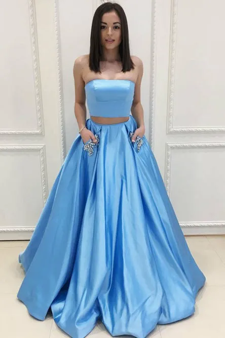 Two Piece Strapless Sweep Train Blue Prom Dress with Pockets Beading L049