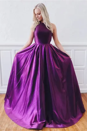 Unique Purple Satin Sleeveless Sweep Train Open Back Long Prom Dress Evening Dress OHC405