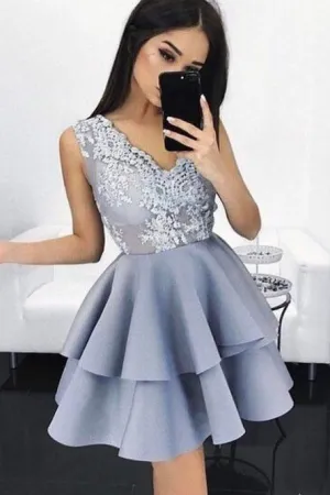 V-neck Lace Applique Satin Sleeveless Layer Homecoming Dress OHM037