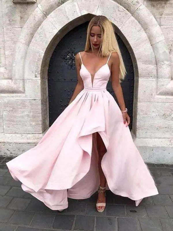 V Neck Pink High Low Prom, V Neck Pink High Low Formal Graduation