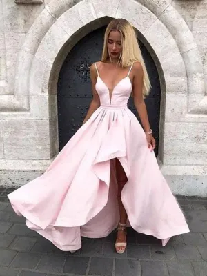 V Neck Pink High Low Prom, V Neck Pink High Low Formal Graduation