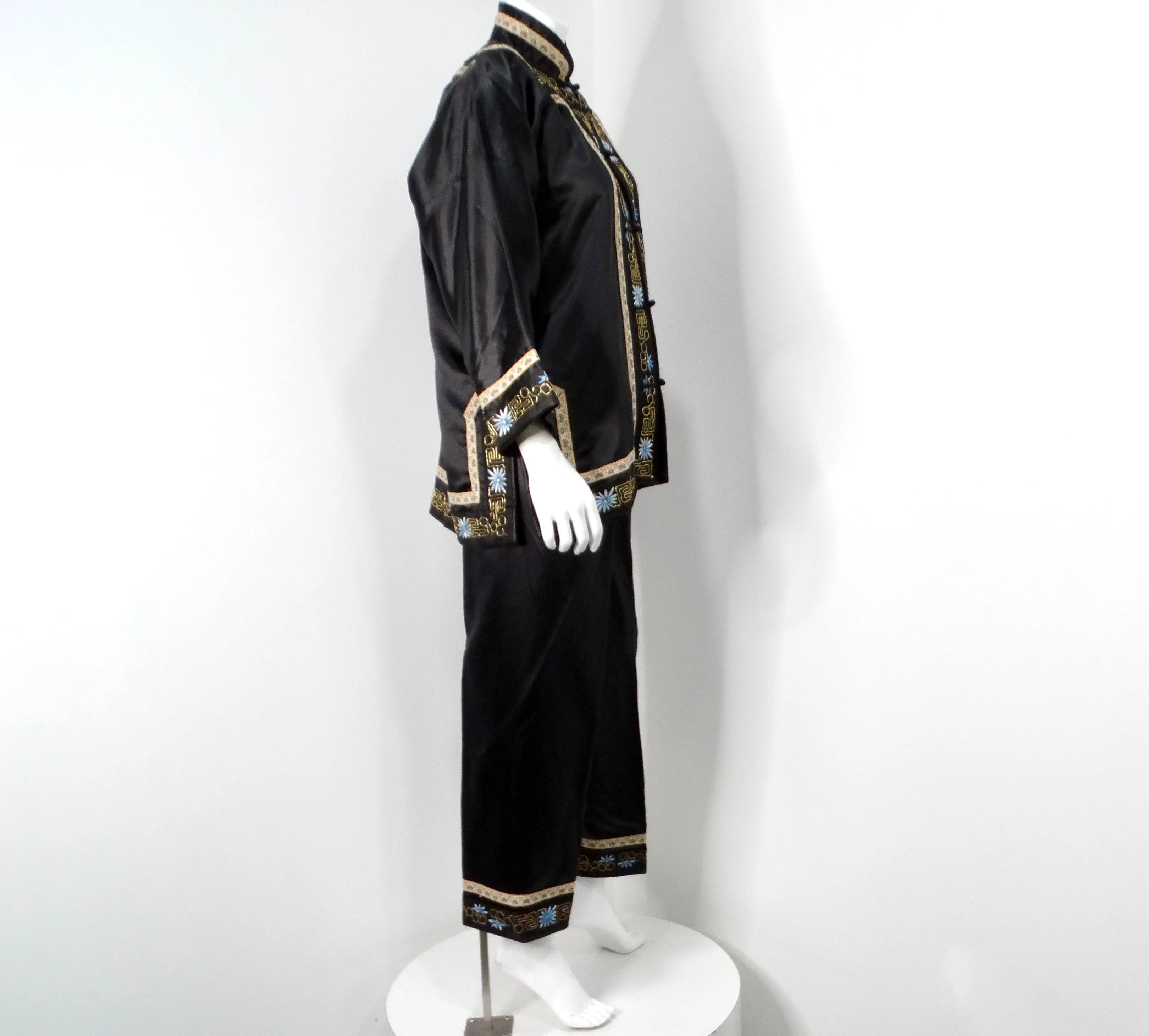 Vintage Chinese Embroidered Black Silk Jacket & Pant Set