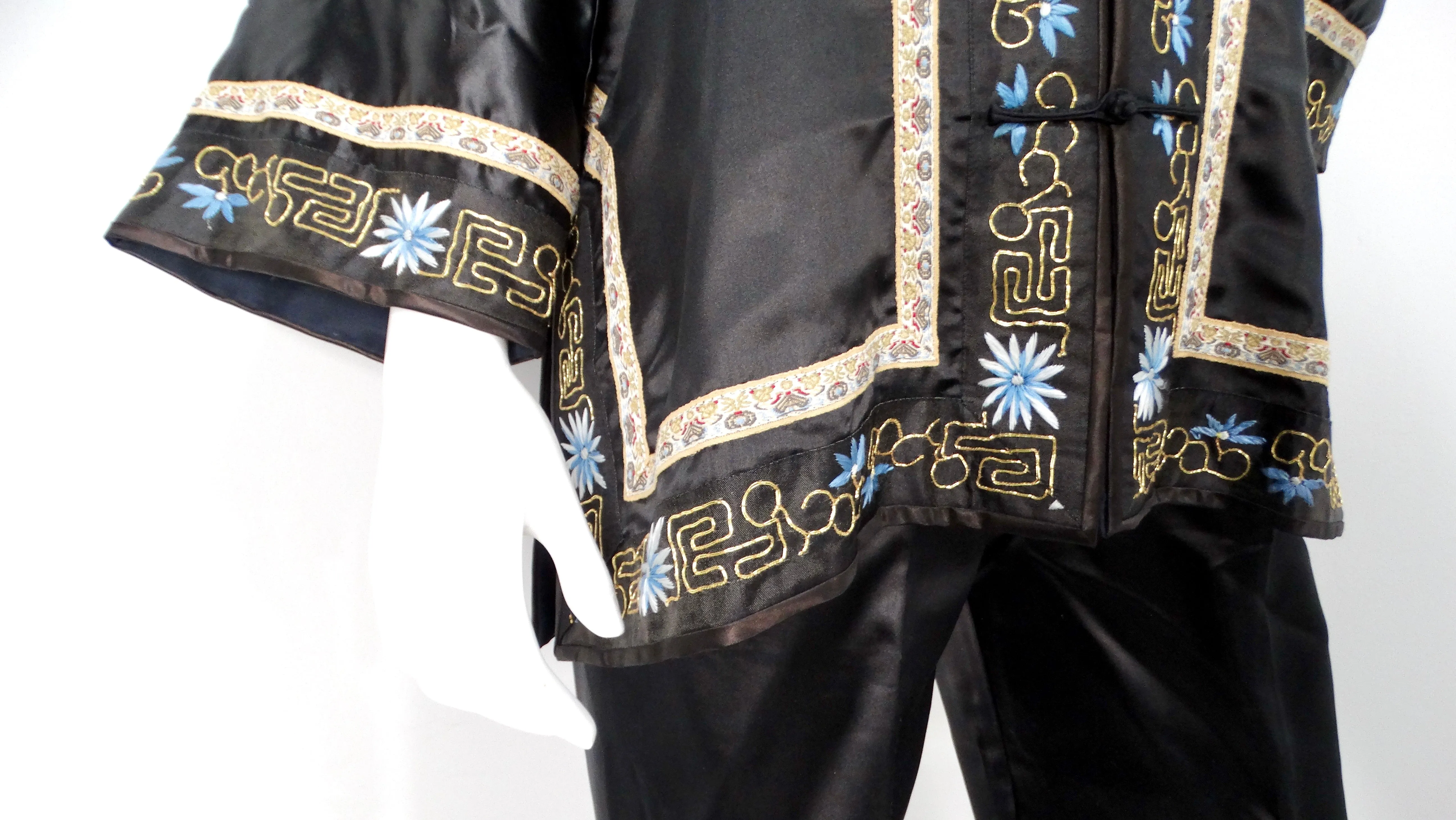 Vintage Chinese Embroidered Black Silk Jacket & Pant Set