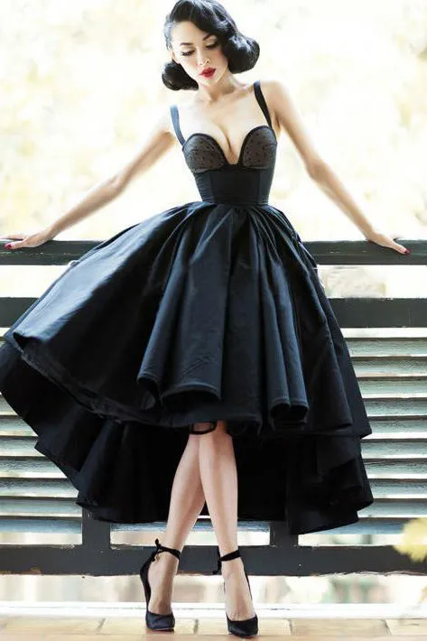 Vintage High Low Straps Sleeveless Lace Appliques Ruffles Short Satin Prom Dress OHC219