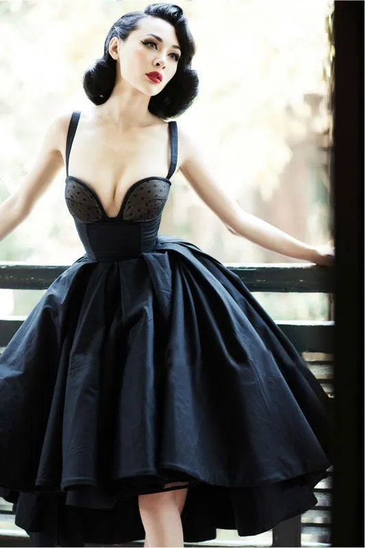 Vintage High Low Straps Sleeveless Lace Appliques Ruffles Short Satin Prom Dress OHC219
