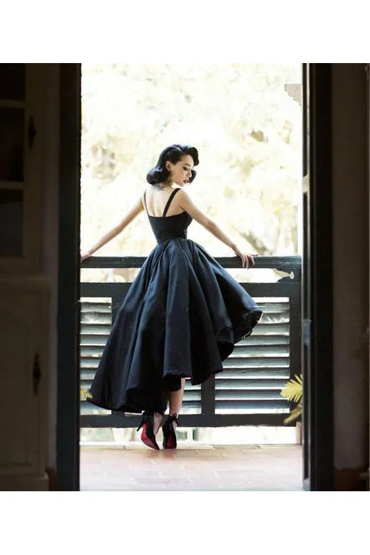 Vintage High Low Straps Sleeveless Lace Appliques Ruffles Short Satin Prom Dress OHC219