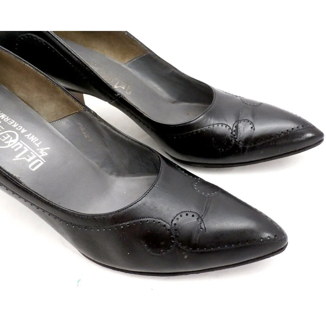 Vintage Shoes  Stiletto Heel Pump Tiny Ackerman Black Leather 1950S Womens  7.5