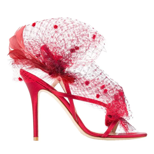 Wedding Female Crystal Buckle Red Mesh Slingback Sandals