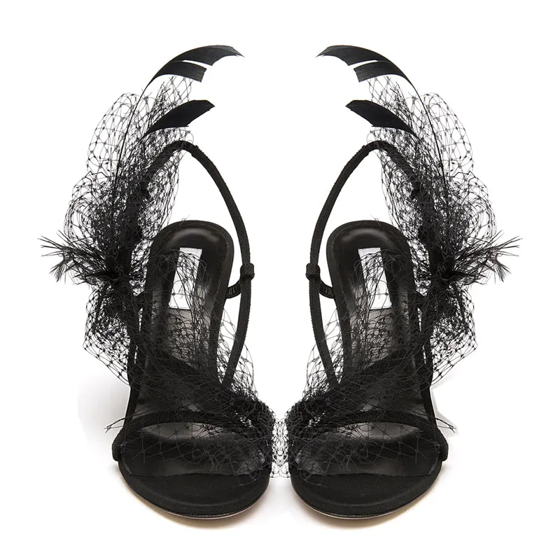 Wedding Female Crystal Buckle Red Mesh Slingback Sandals