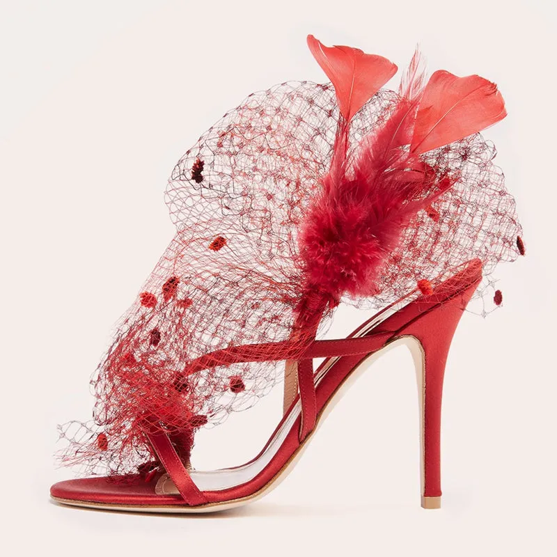 Wedding Female Crystal Buckle Red Mesh Slingback Sandals