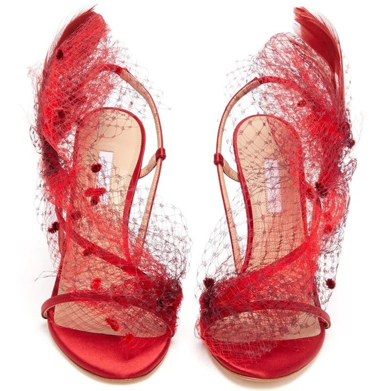 Wedding Female Crystal Buckle Red Mesh Slingback Sandals