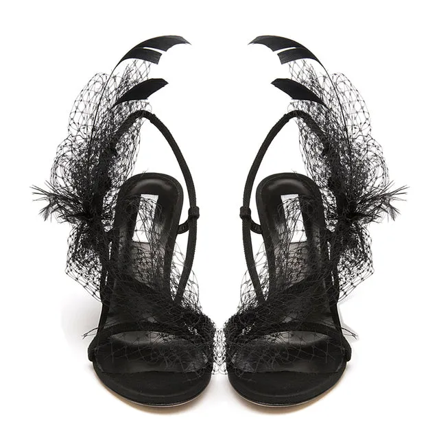 Wedding Female Crystal Buckle Red Mesh Slingback Sandals