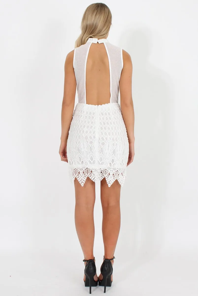 White High Neck Crochet Backless Dress - Kimmi
