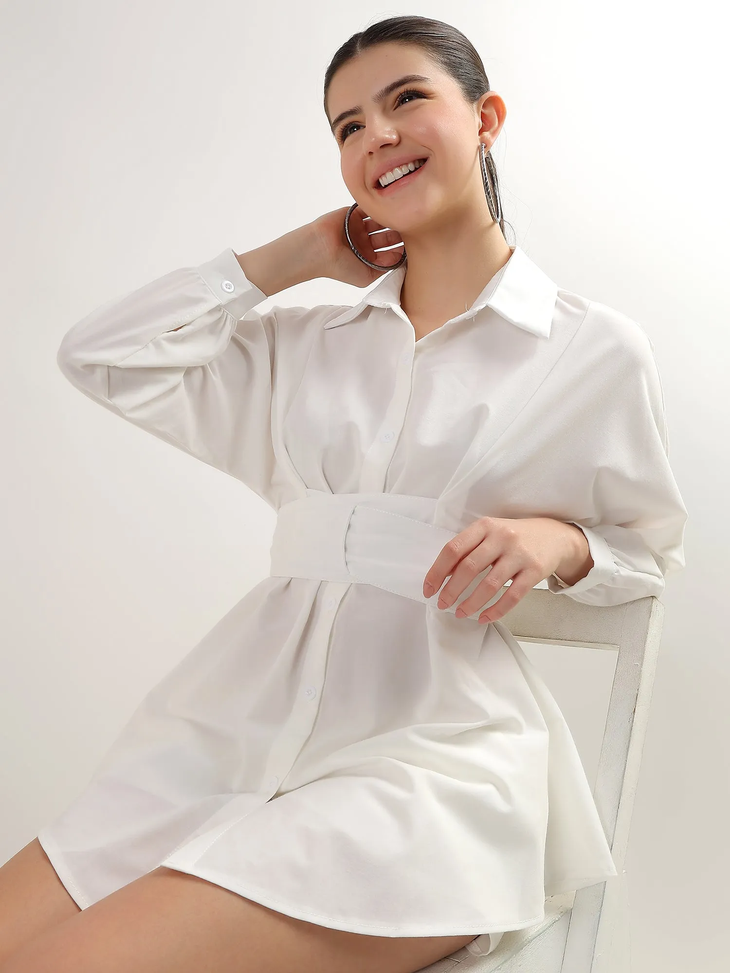 White Muse Belted Shirt Dress Set (TOP BOTTOM)