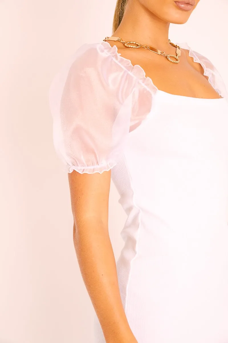 White Organza Puff Sleeve Mini Dress - Dalena