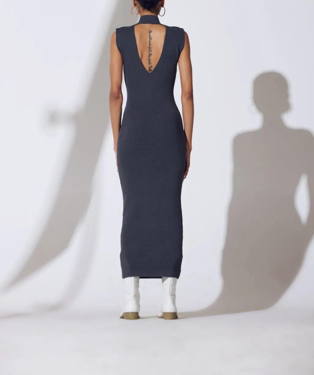 WILLOW RIBBED JERSEY OPEN-BACK SLEEVELESS TURTLENECK DRESS