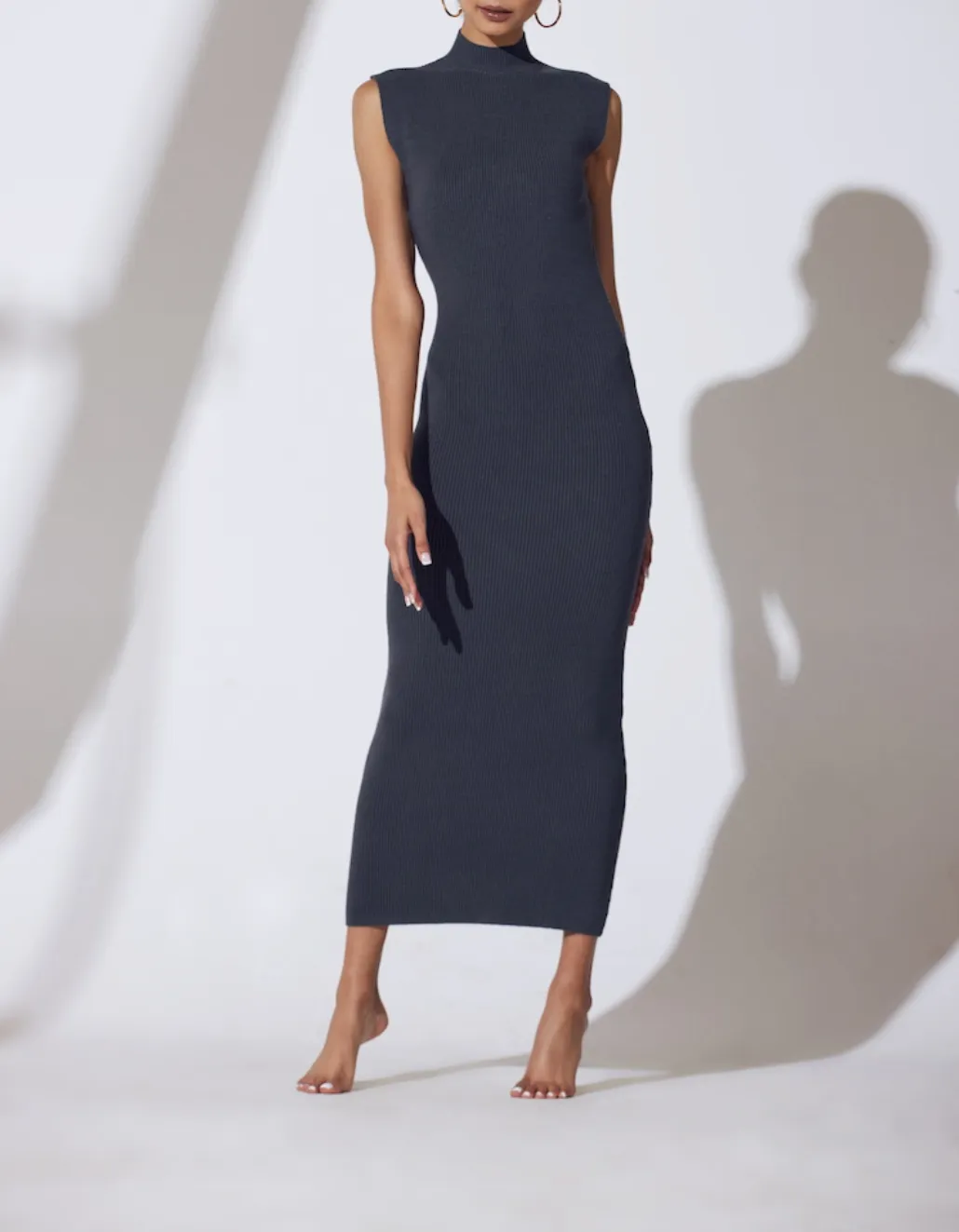 WILLOW RIBBED JERSEY OPEN-BACK SLEEVELESS TURTLENECK DRESS