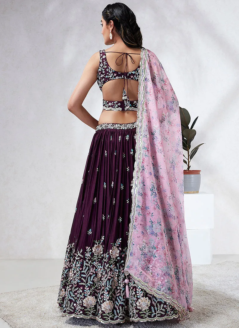 Wine And Pink Multi Embroidery Wedding Lehenga Choli