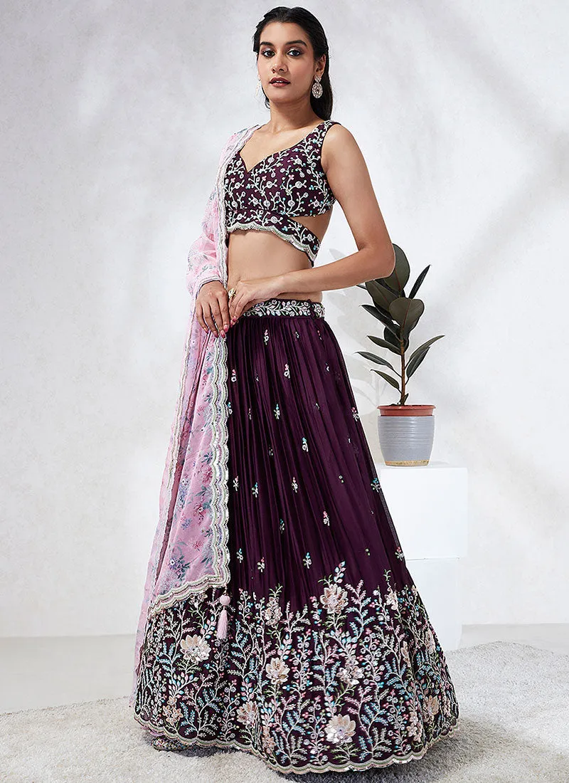 Wine And Pink Multi Embroidery Wedding Lehenga Choli