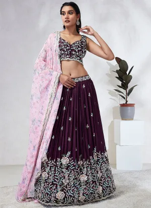 Wine And Pink Multi Embroidery Wedding Lehenga Choli