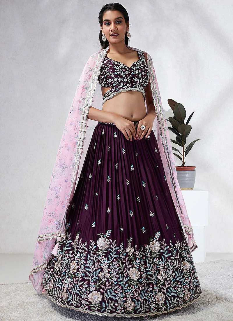 Wine And Pink Multi Embroidery Wedding Lehenga Choli