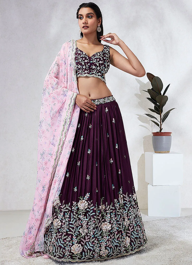 Wine And Pink Multi Embroidery Wedding Lehenga Choli
