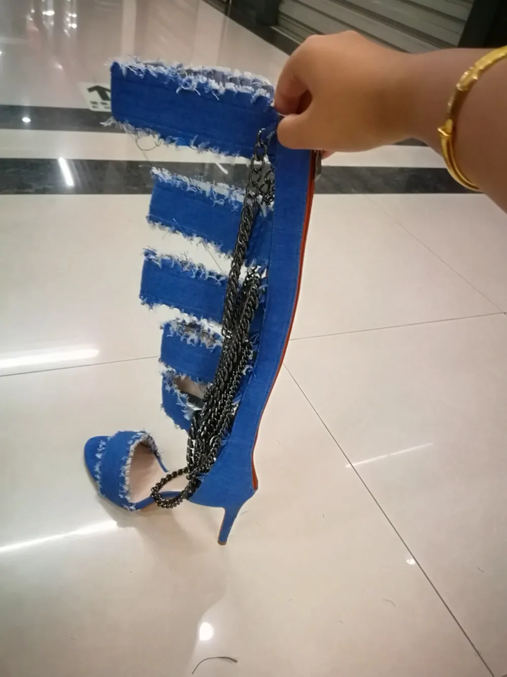 Women Sexy Knee High Hollow Out Denim Metal Chain Stiletto Heel Boots