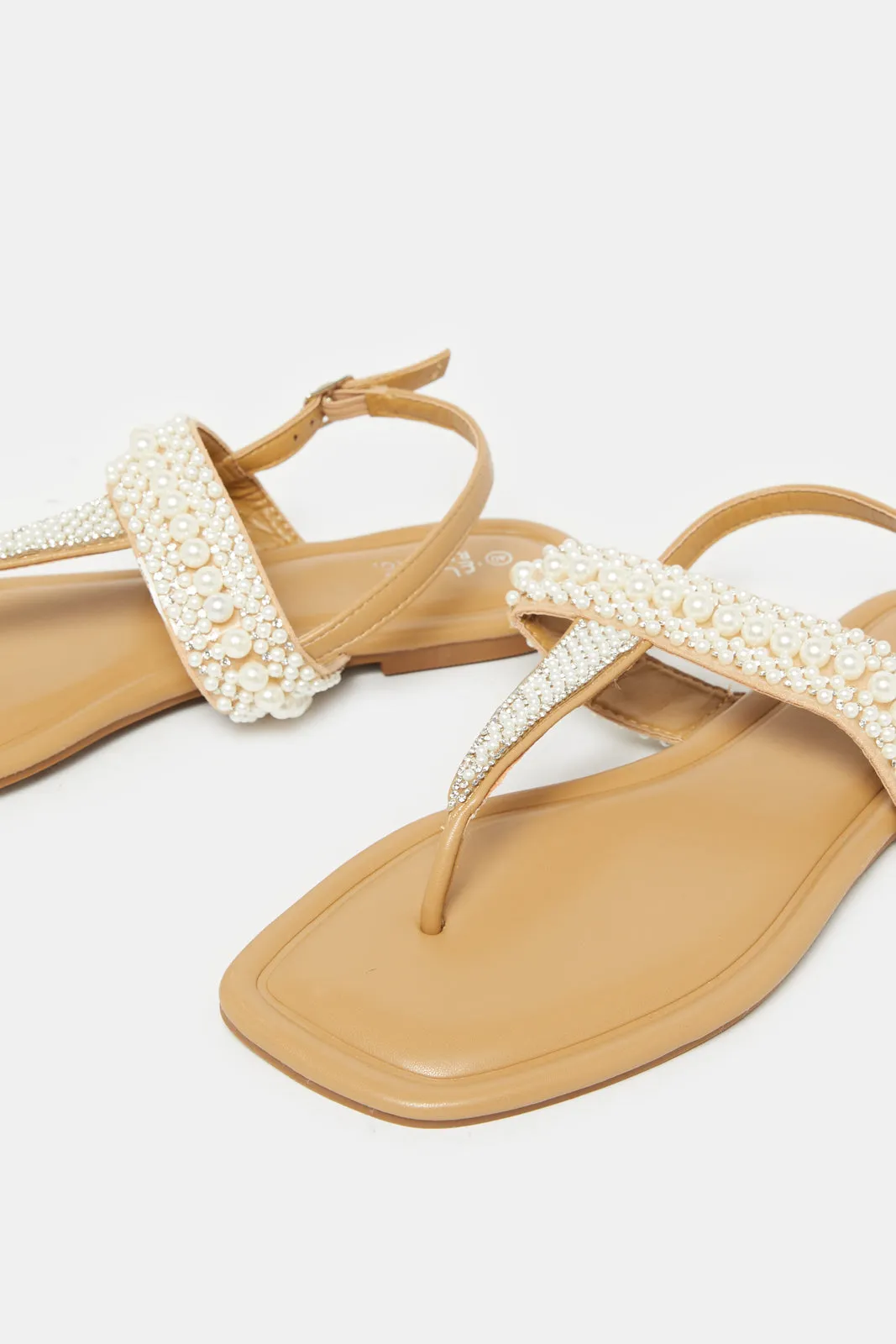 Women Taupe Pearl Trim Sandals