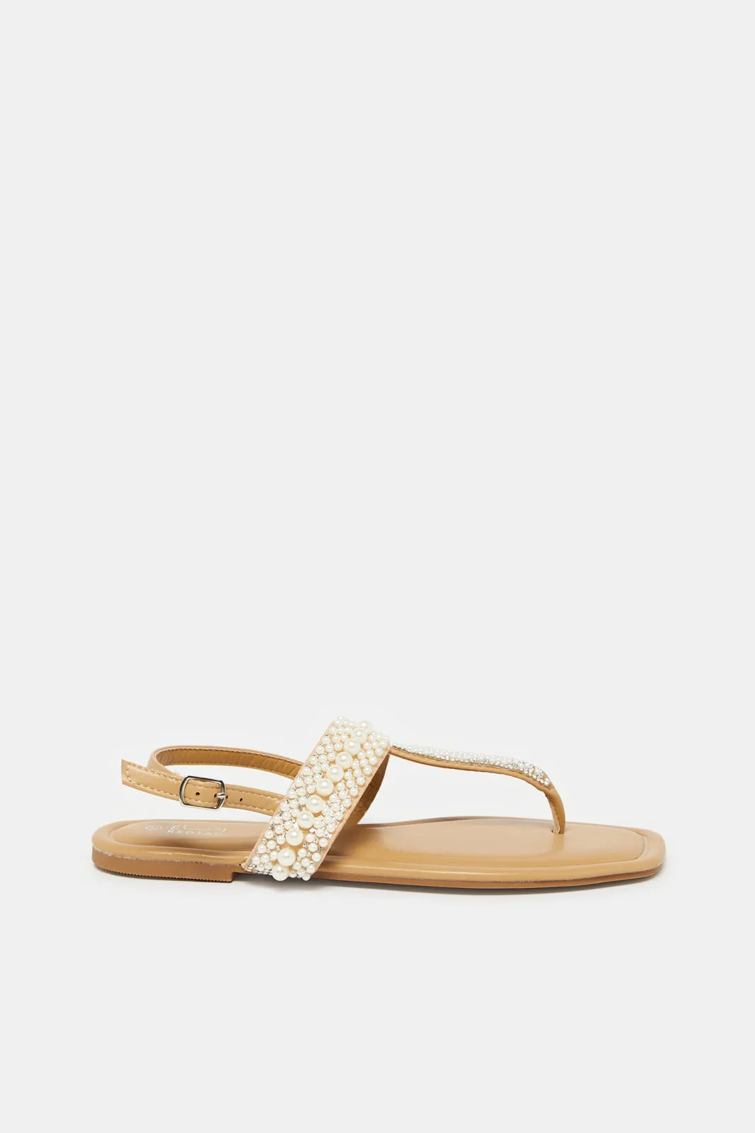 Women Taupe Pearl Trim Sandals