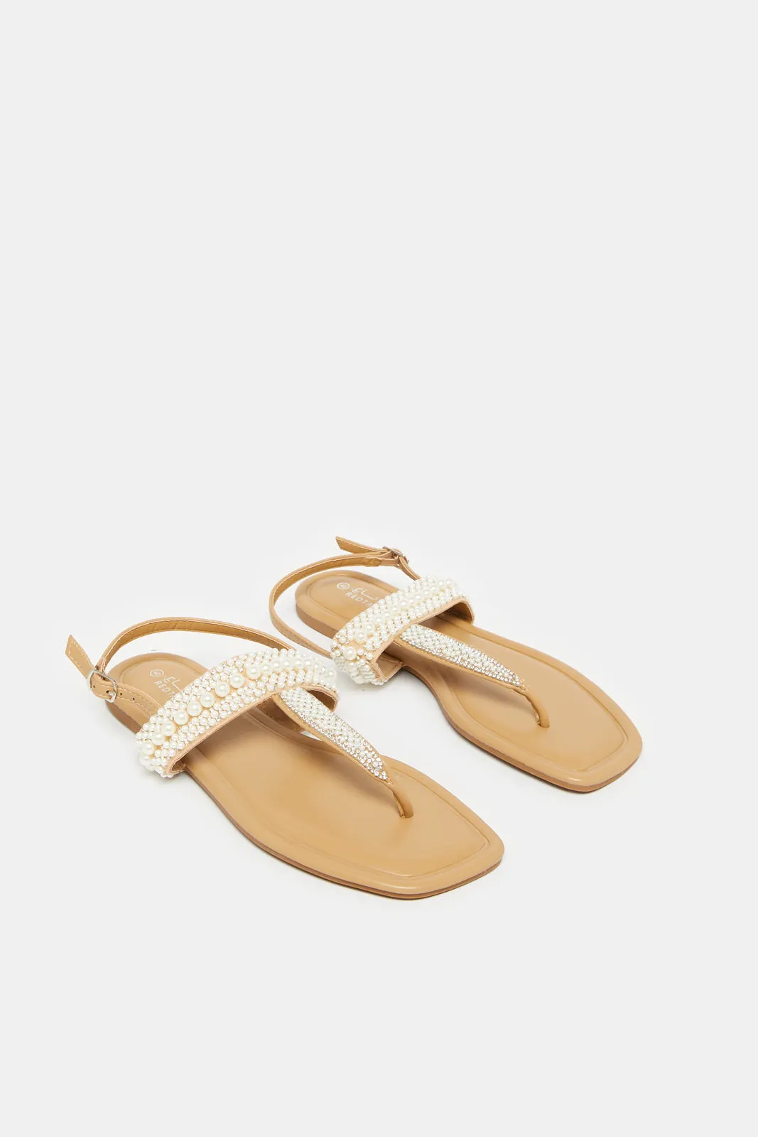 Women Taupe Pearl Trim Sandals