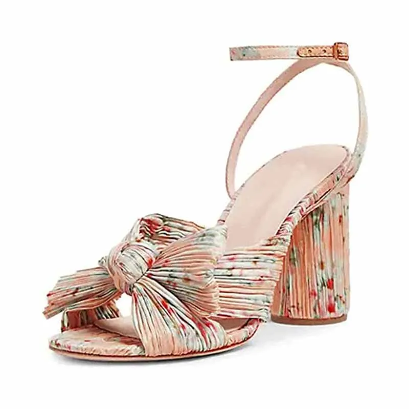 Women's Bow Knot Heeled Sandals Bridal Wedding Open Toe Ankle Strap Chunky Heels