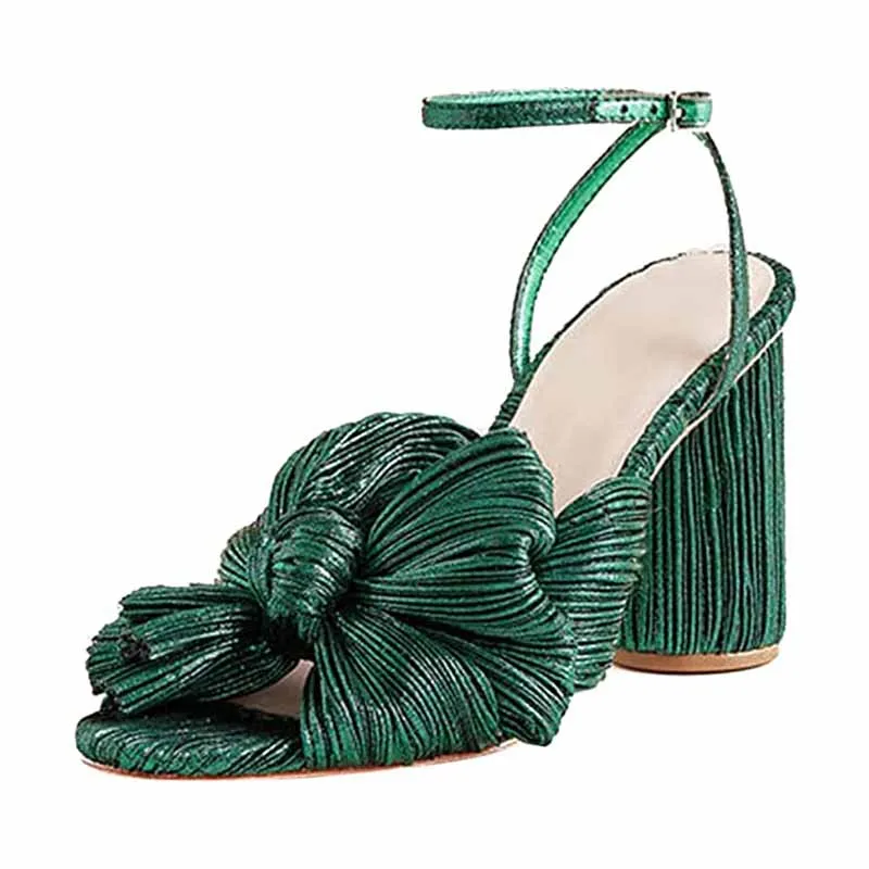 Women's Bow Knot Heeled Sandals Bridal Wedding Open Toe Ankle Strap Chunky Heels