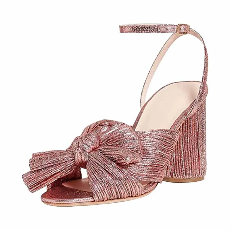 Women's Bow Knot Heeled Sandals Bridal Wedding Open Toe Ankle Strap Chunky Heels