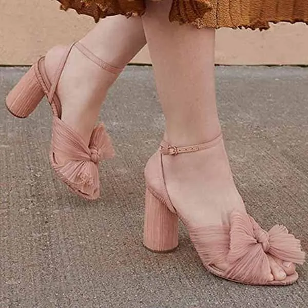 Women's Bow Knot Heeled Sandals Bridal Wedding Open Toe Ankle Strap Chunky Heels