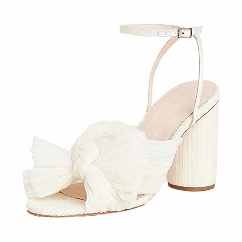 Women's Bow Knot Heeled Sandals Bridal Wedding Open Toe Ankle Strap Chunky Heels