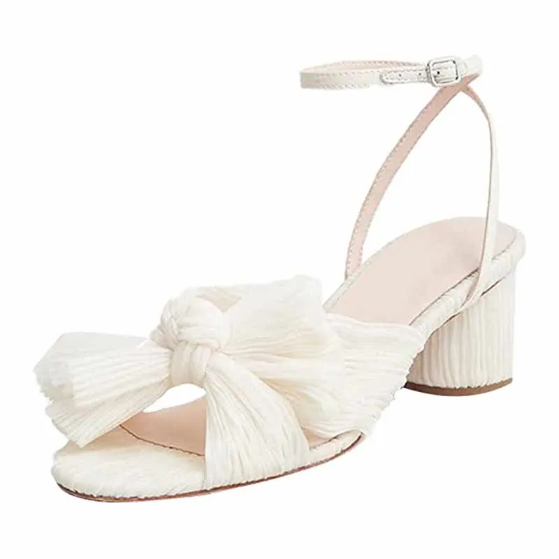 Women's Bow Knot Heeled Sandals Bridal Wedding Open Toe Ankle Strap Chunky Heels