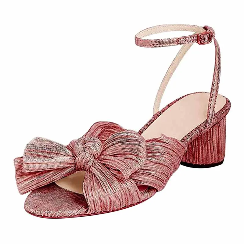 Women's Bow Knot Heeled Sandals Bridal Wedding Open Toe Ankle Strap Chunky Heels