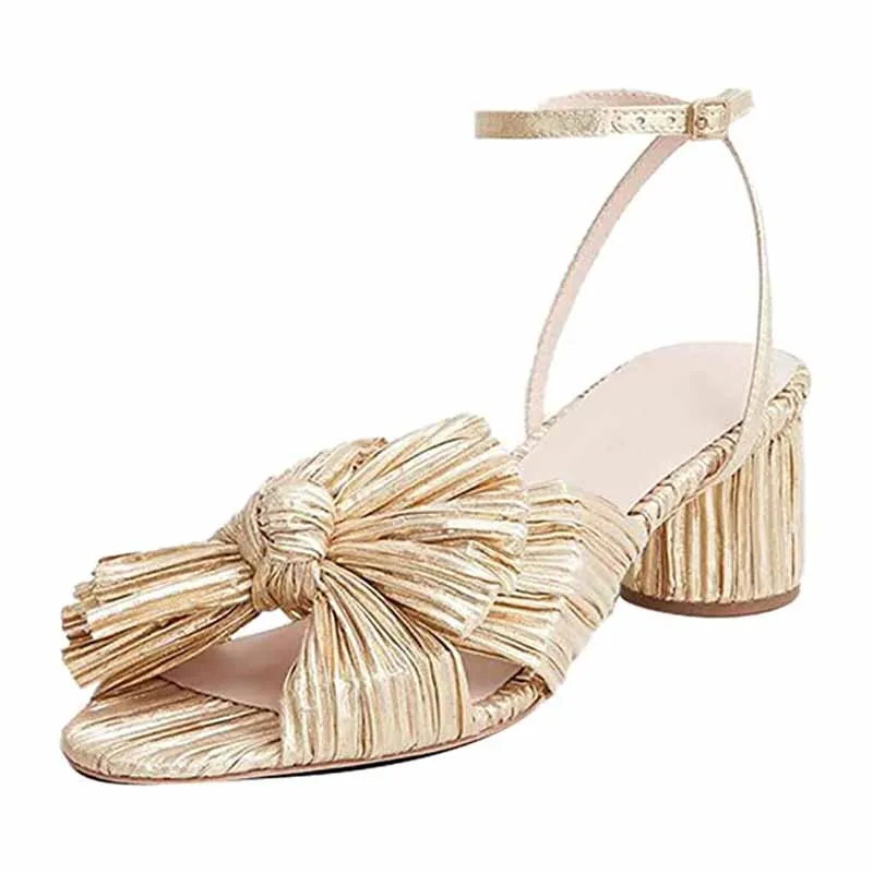 Women's Bow Knot Heeled Sandals Bridal Wedding Open Toe Ankle Strap Chunky Heels