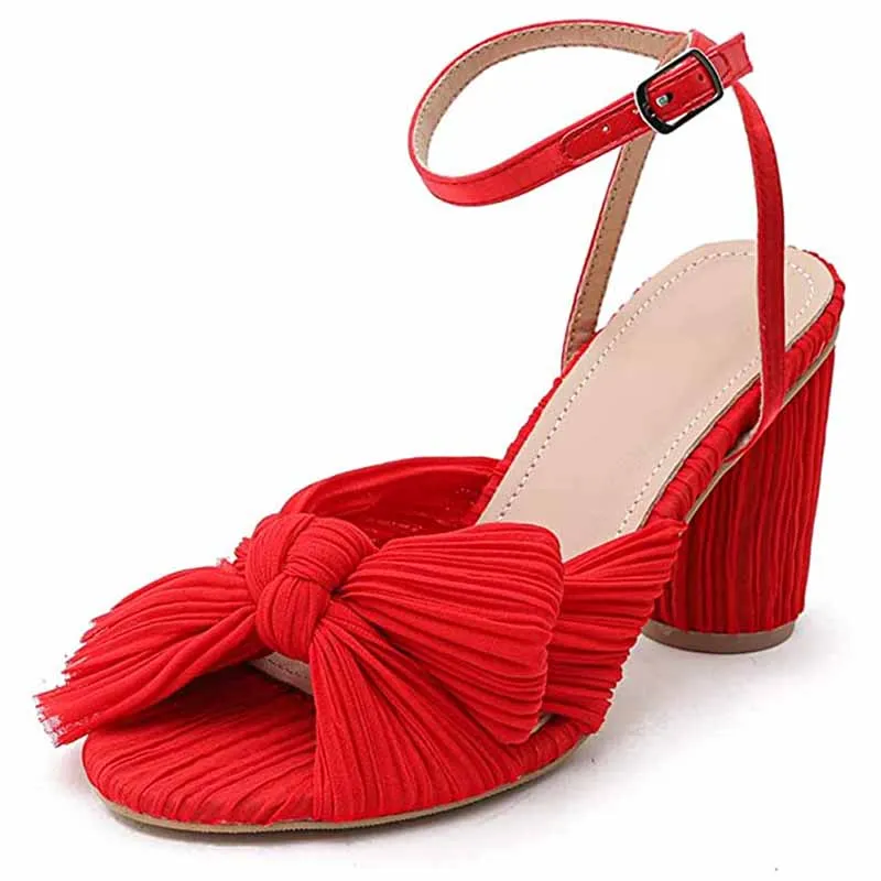 Women's Bow Knot Heeled Sandals Bridal Wedding Open Toe Ankle Strap Chunky Heels