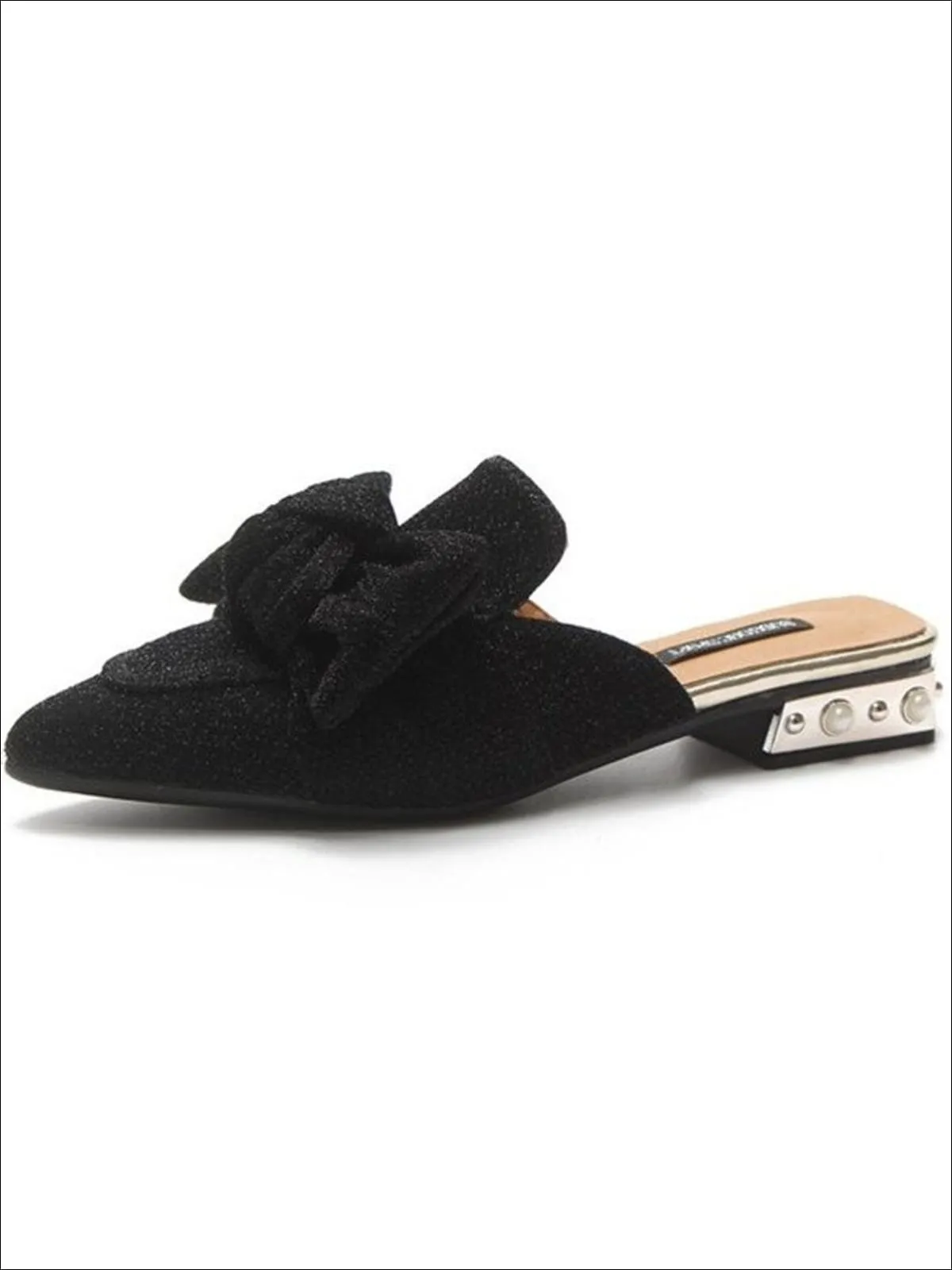 Women's Pearl Embellished Heel Bowtie Pointed Toe Mules By Liv and Mia